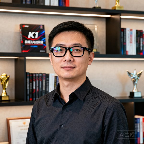 K1电竞创始人兼CEO张驰，35岁，前腾讯电竞高级编辑，戴黑框眼镜身着深色衬衫，背景为上海总部办公室书架